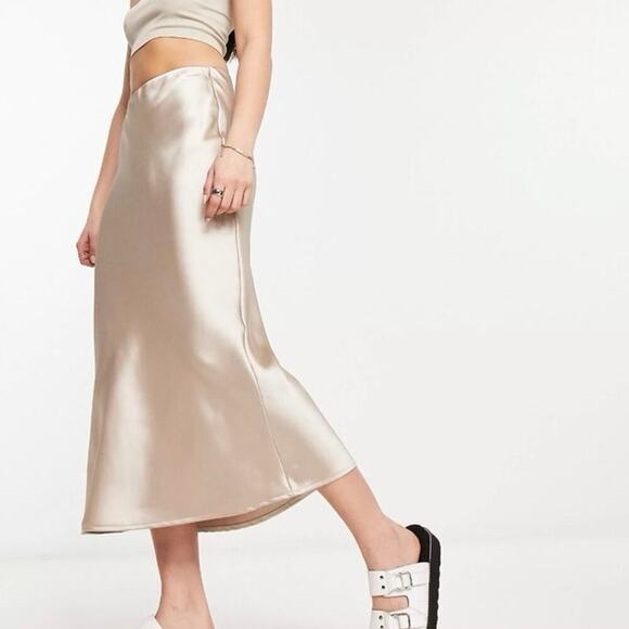 Mango Satin Midi Slip Skirt Champagne High Rise Elastic Waistband Medium - Picture 1 of 6
